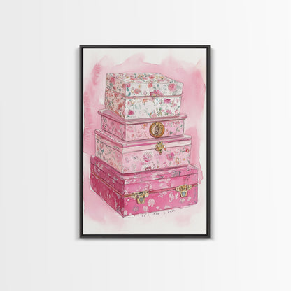 Floral stackable decorative boxes framed canvas print chic boho decor whimsical rustic art idea cozy wall decor charming bedroom addition