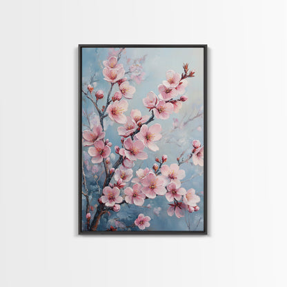 Cherry Blossom Painting Framed Canvas Print | Japanese Sakura Wall Art | Light Pink Wall Art Above Sofa Decor | Floral Nature Print