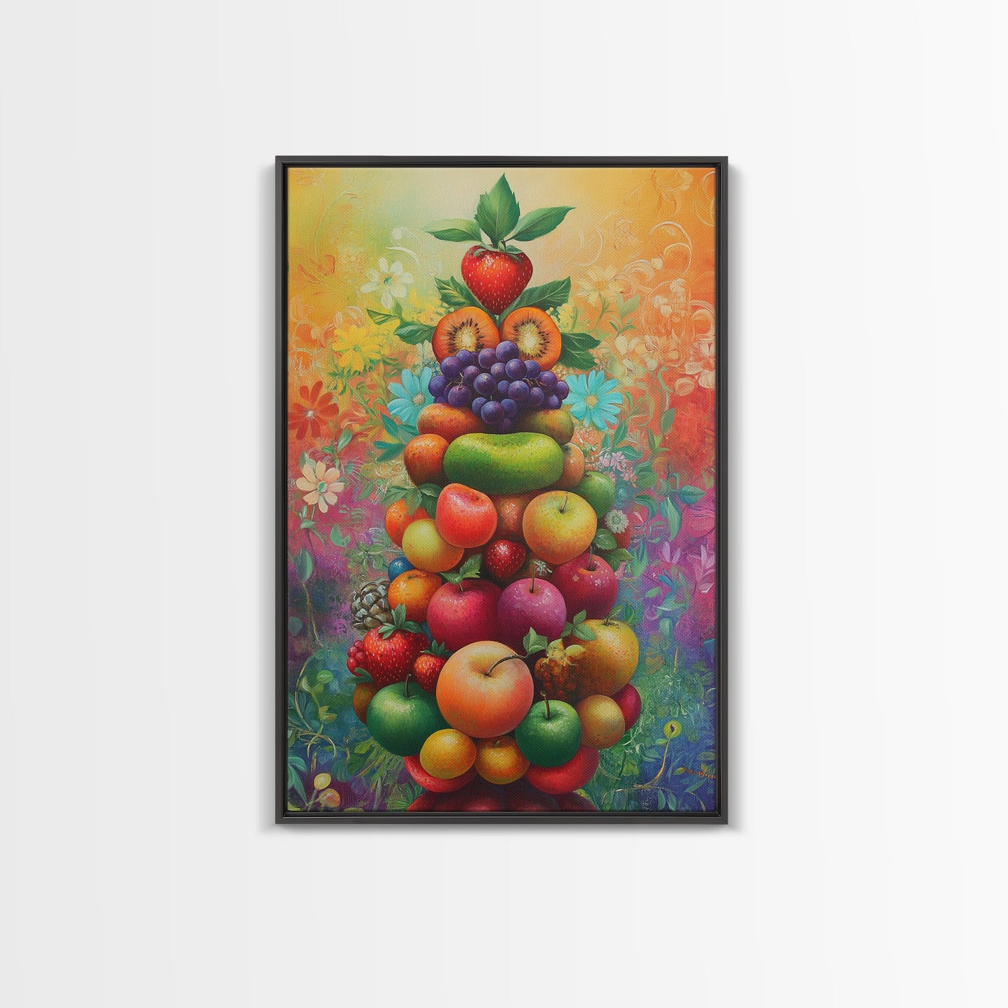 Fruit Pyramid Canvas Print with Whimsical Still Life Art, Vibrant Food Review Wall Art, Rustic Farmhouse Decor for Kitchen or Dining Area