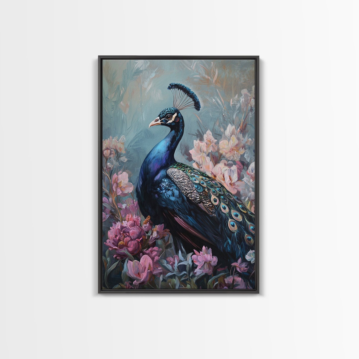 Graceful Peacock Floral Framed Canvas Print | Botanical Bird Art | Chinoiserie Wall Decor | Elegant Tropical Painting | Home Accent