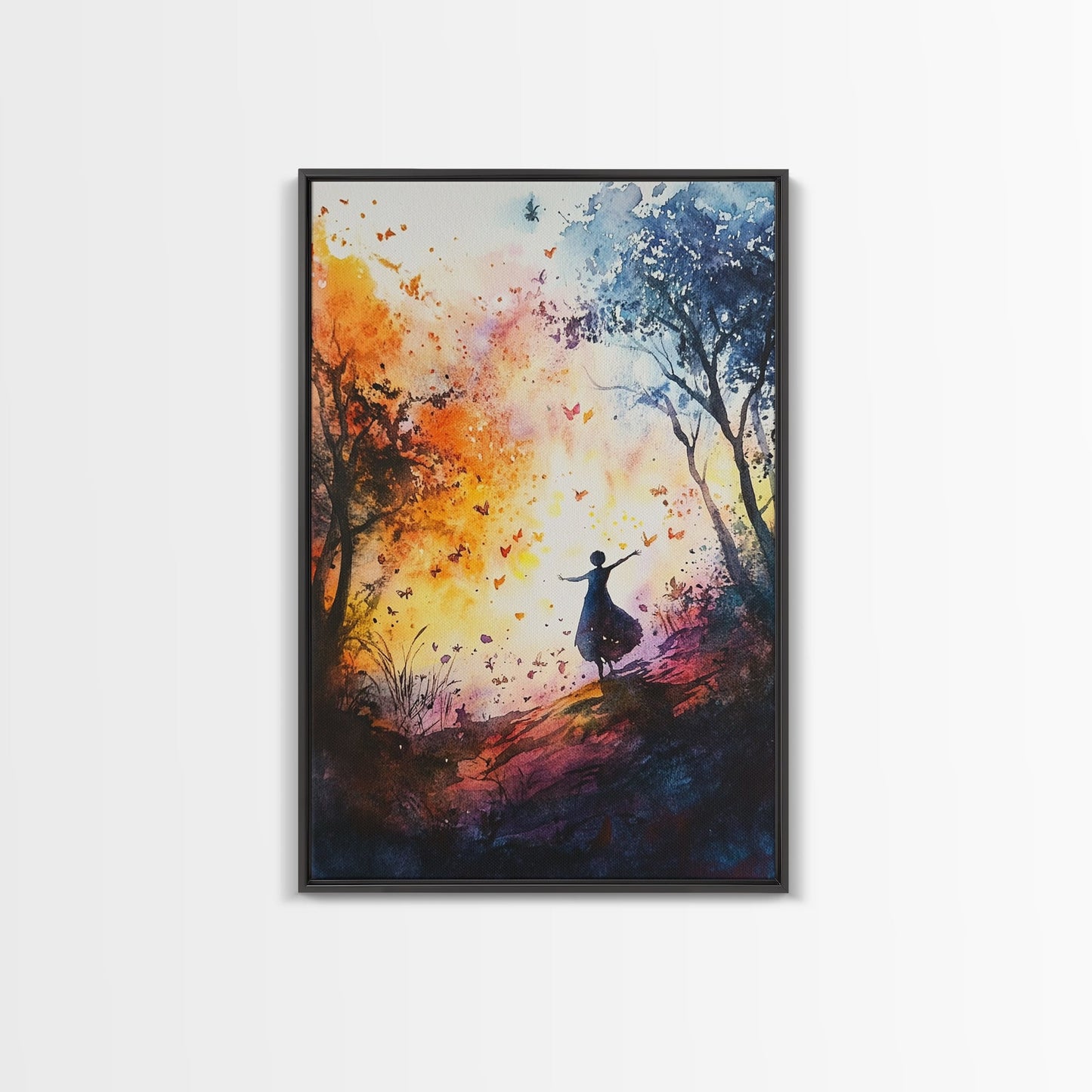 Autumn Whimsical Scene Framed Canvas Print Nature Inspired Art Vibrant Colors Rustic Fall Decor Wildflower Painting Living Room Gift Idea
