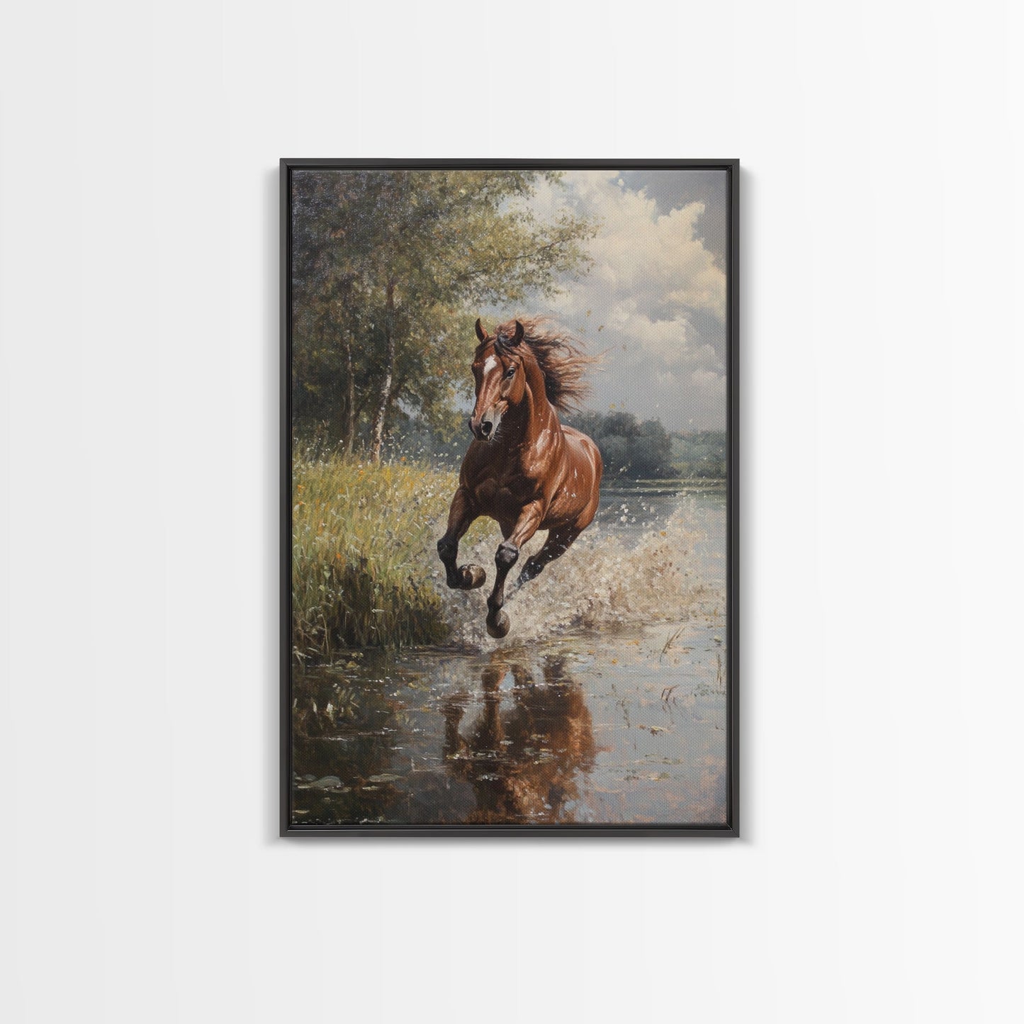 Splashed Stallion Crossing Water Framed Canvas Print Vintage Horse Art Rustic Wall Art Living Room Gift Idea Boho Style