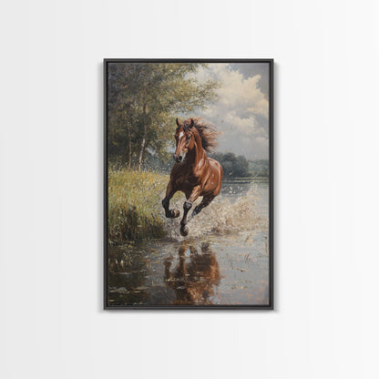 Splashed Stallion Crossing Water Framed Canvas Print Vintage Horse Art Rustic Wall Art Living Room Gift Idea Boho Style