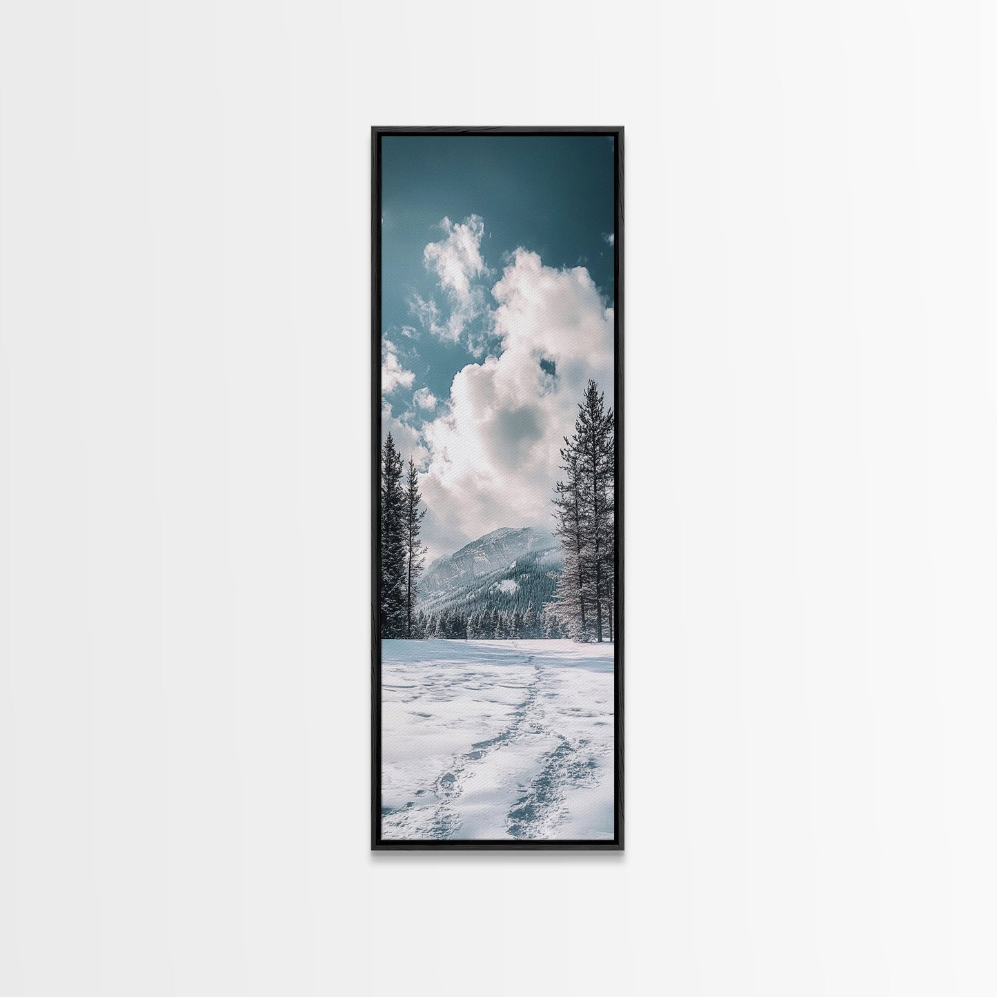 Winter Path, pine tree art, mountain painting, snowy landscape, rustic decor, minimalist art, Framed Canvas Print, vertical wall art