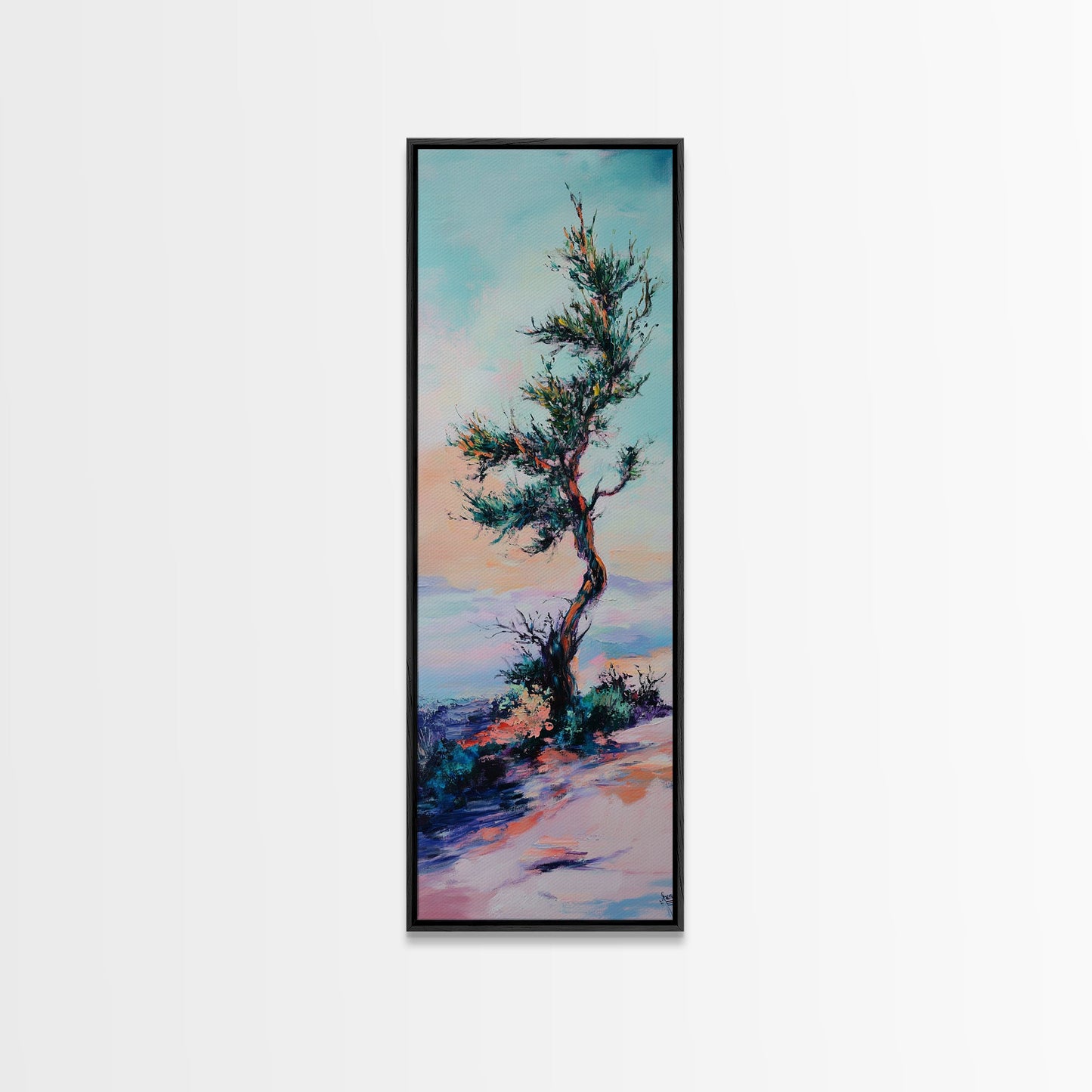 Windblown Tree, Joshua tree art, southwest wall art, rustic decor, landscape painting, framed canvas print, tall skinny art