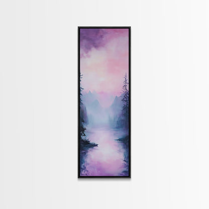 Misty Mountains, smoky mountain art, light pink wall art, framed canvas print, soft pastel art, pine tree art, above couch art