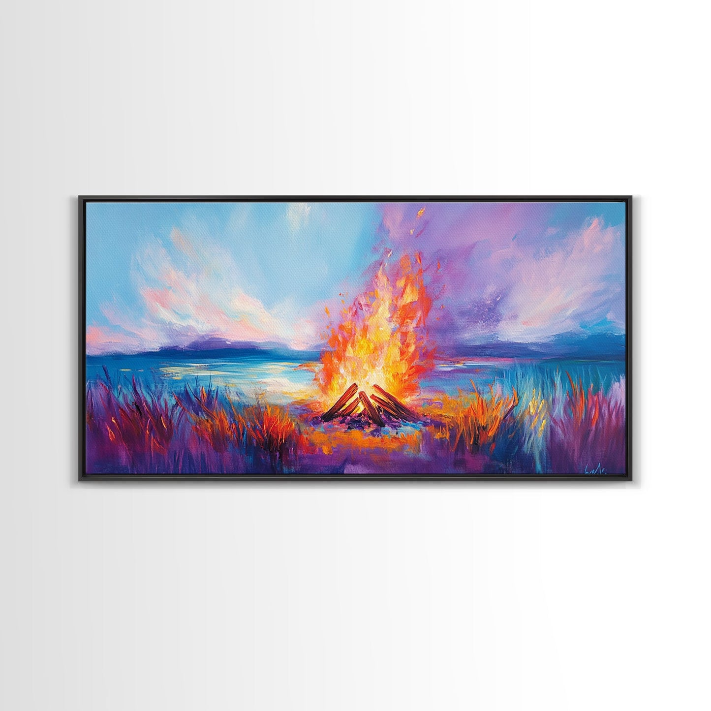 Lagerfeuer bei Sonnenuntergang, Küstenmotiv, Wandbild in Rosa und Orange, Extra breites Bild, Horizontales Wandbild, Gerahmter Leinwanddruck, Stimmungsvolle Kunst