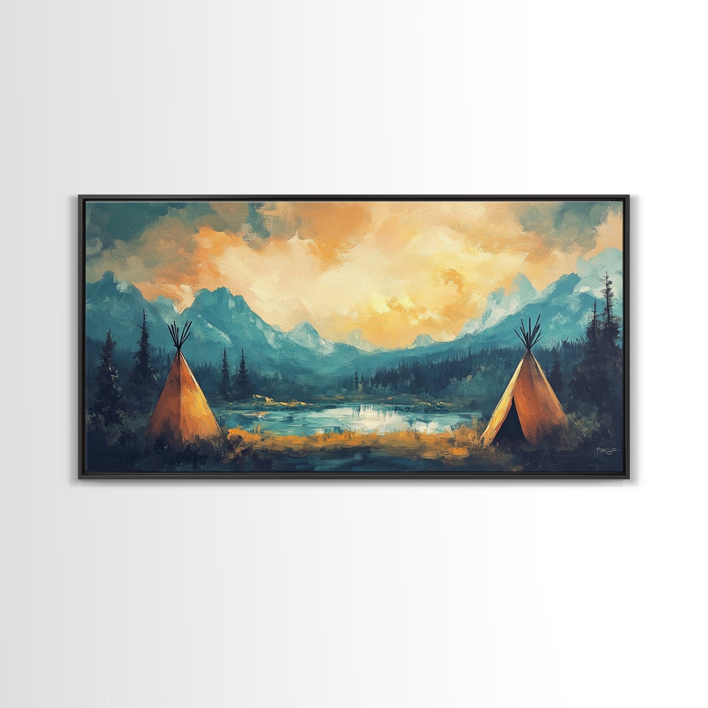 Teepee Camp, southwest wall art, landscape painting, mountain painting, rustic decor, moody art, Framed Canvas Print, panoramic painting