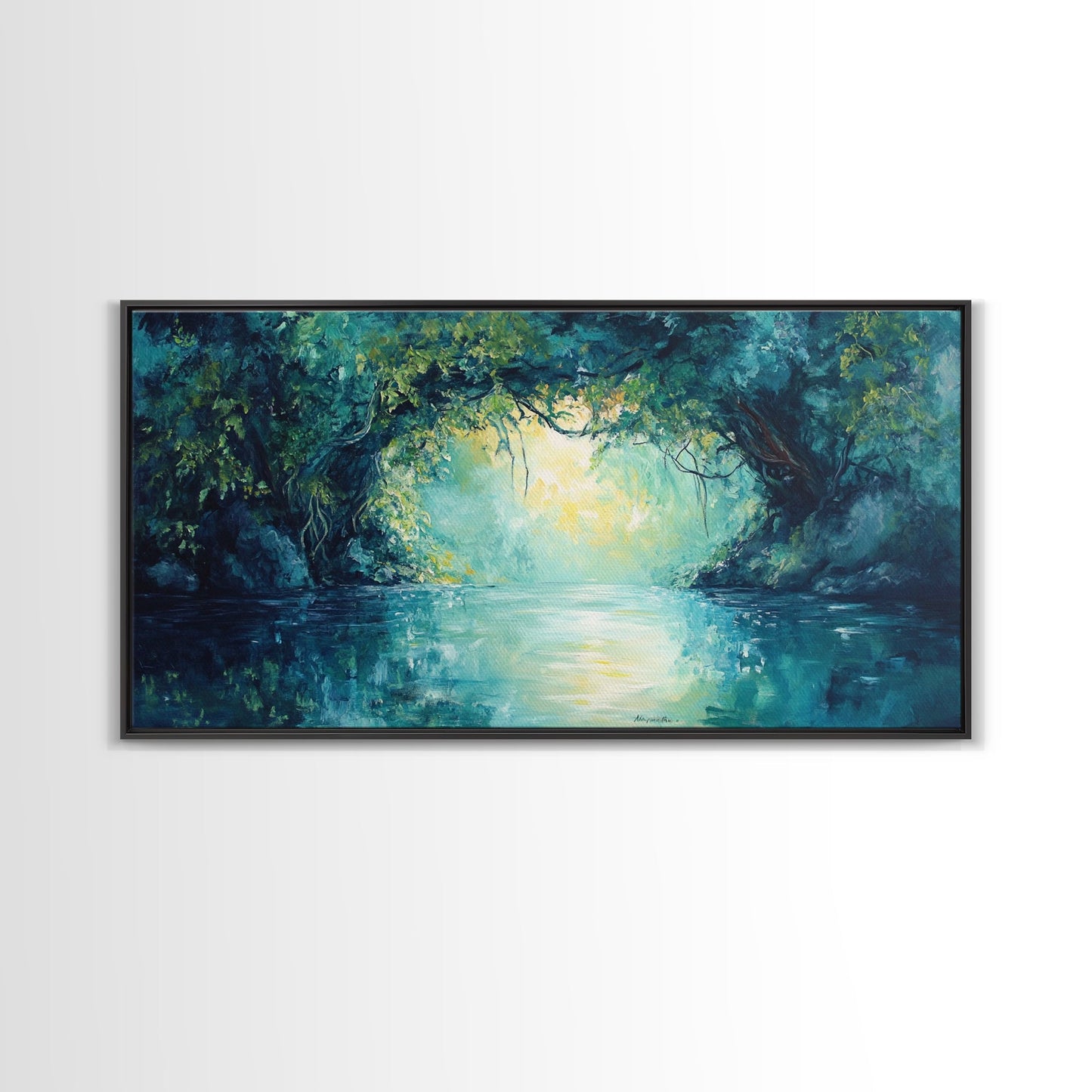Mystischer Fluss, gerahmter Leinwanddruck, Landschaftsmalerei, stimmungsvolle Kunst, Wald in der Abenddämmerung, türkisfarbenes Wandbild, extra breites Bild