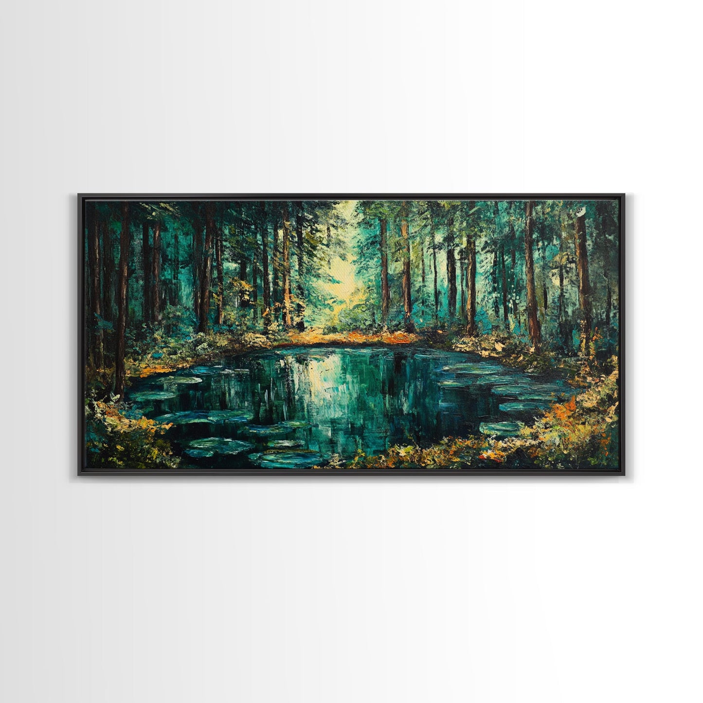 Verzauberter Waldteich, Leinwanddruck, Landschaftsmalerei, Kiefernkunst, Wald in der Abenddämmerung, Kunst vom Lake Tahoe, extra breites Kunstwerk
