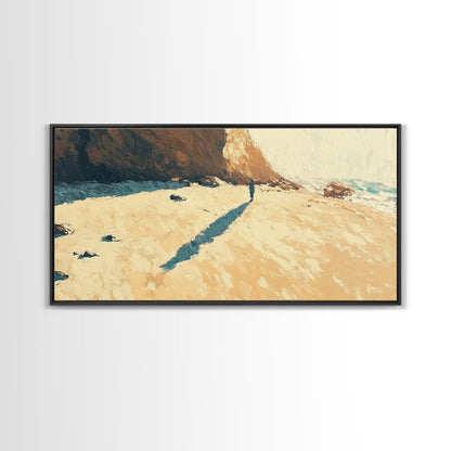 Lone Beach Wanderer, Framed Canvas Print, landscape painting, moody art, wabi sabi wall art, extra wide art, above bed wall art