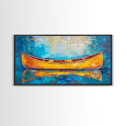 Golden Canoe, Framed Canvas Print, fisherman painting, lake Tahoe art, rustic decor, nautical decor, extra wide art, landscape painting