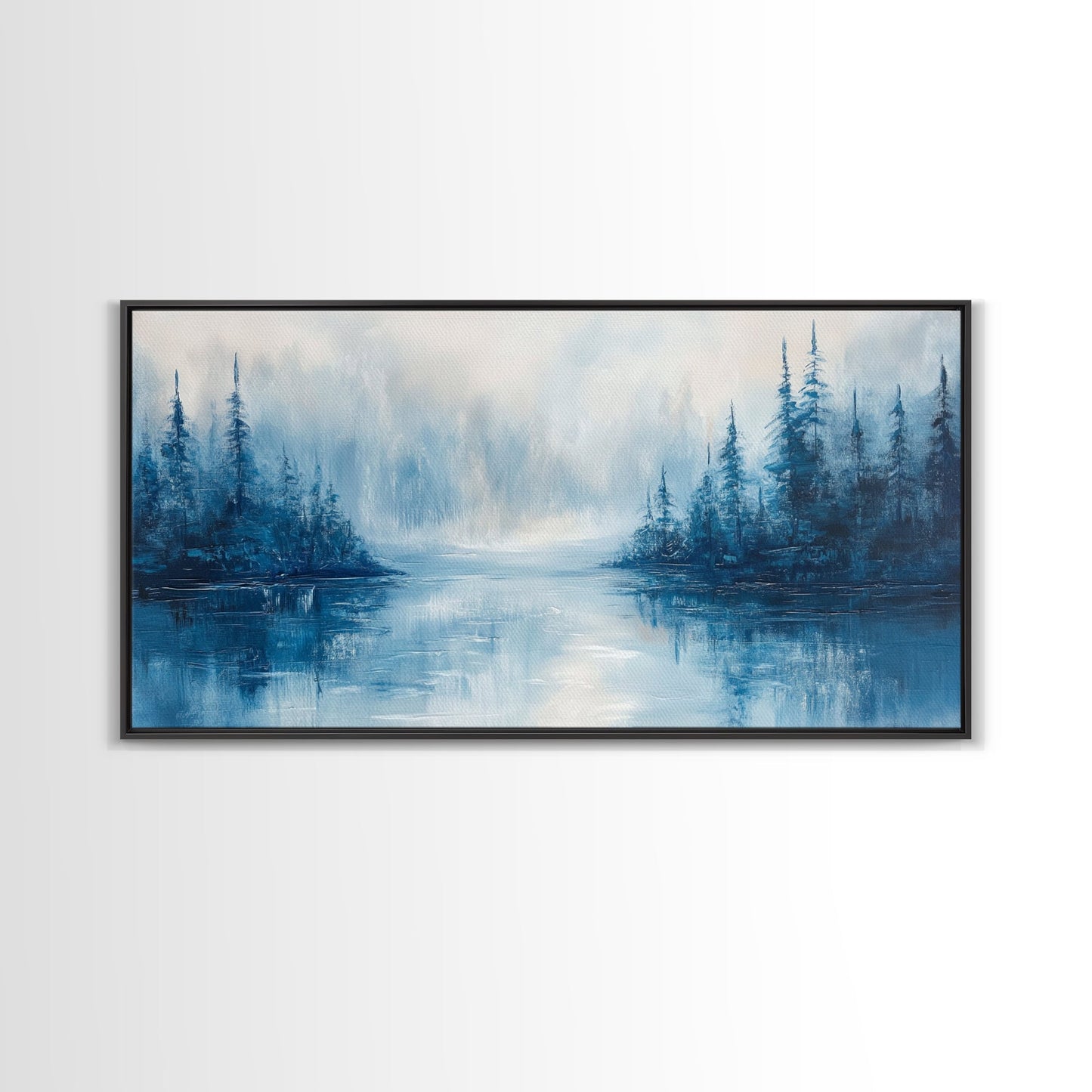 Neblige Seelandschaft, Stimmungsvolle Kunst, Kiefernlandschaft, Landschaftsgemälde, Gerahmter Leinwanddruck, Schlafzimmerkunst, Wandbild über dem Bett