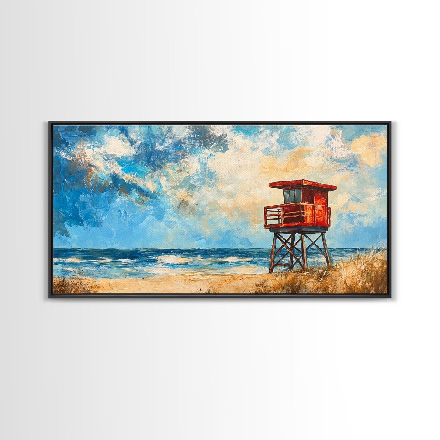 Lifeguard Tower, coastal landscape art, beach painting, seascape painting, nautical wall art, canvas print, horizontal wall art