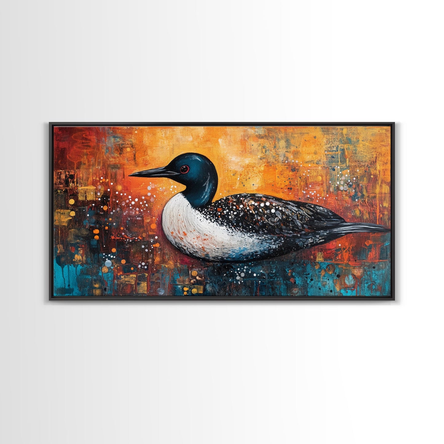 Gemälde eines Seetauchers, Vogelkunst, Tierkunst, Naturmalerei, Wandbild mit türkisfarbenem Motiv, gerahmter Leinwanddruck, Seedekor, rustikale Wandkunst