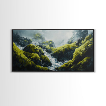 Waterfall Moss, green wall art, framed canvas print, mountain painting, zen wall art, rustic decor, original painting, above couch art