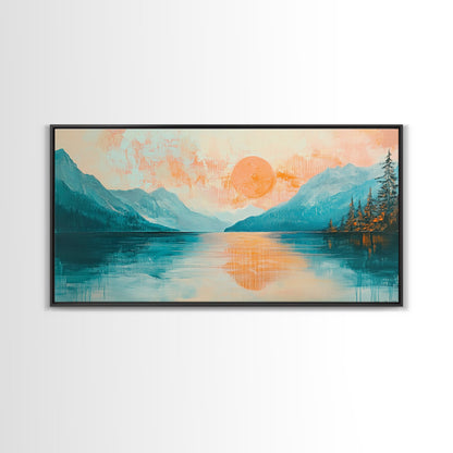 Sunset Lake, Kunst vom Lake Tahoe, gerahmter Leinwanddruck, rosa-orange Wandbild, horizontales Wandbild, Seestück, Küstendeko