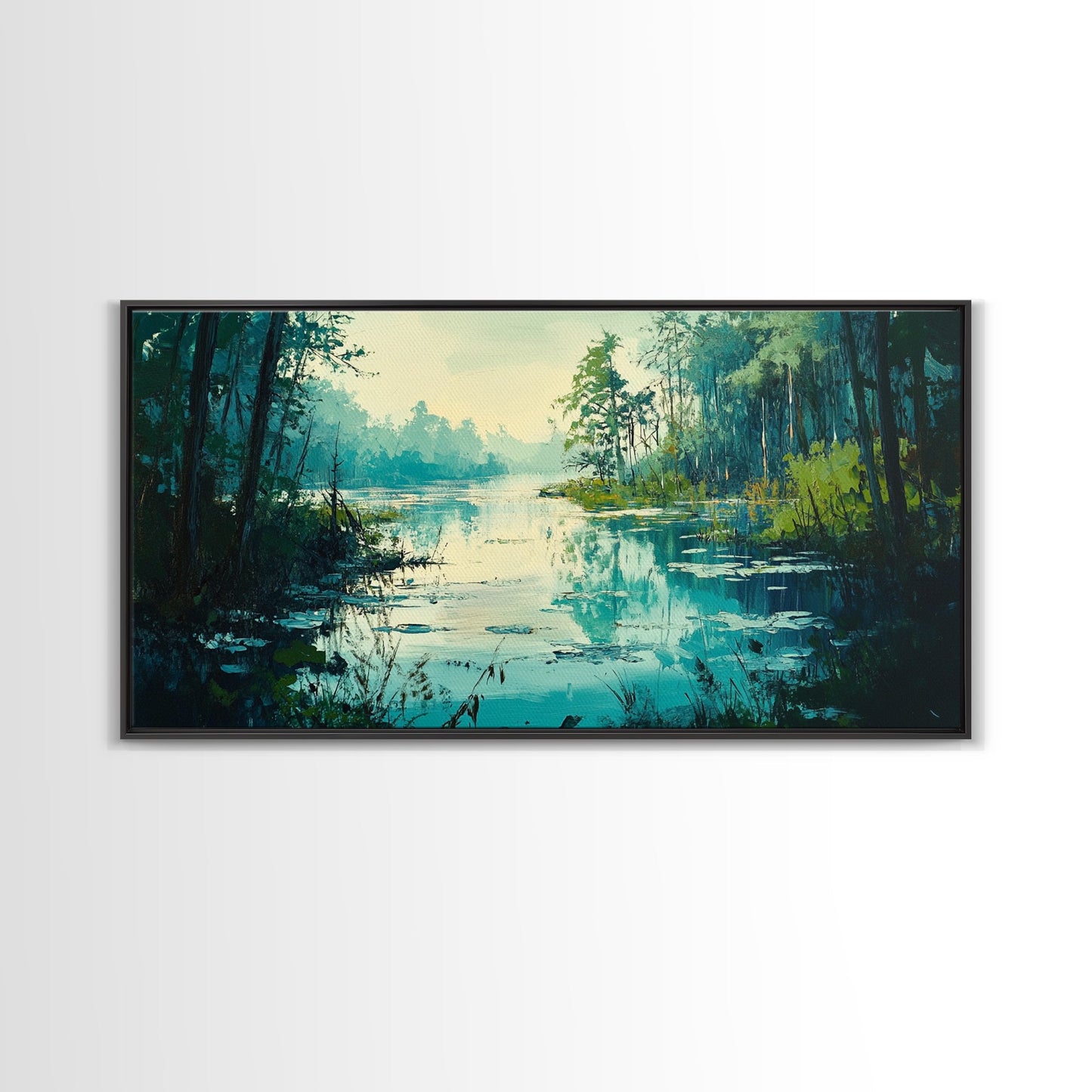 Tranquil lake, misty trees, landscape painting, extra wide art, wabi sabi art, minimalist art, framed canvas print, above couch art