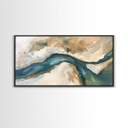 Abstrakter Fluss, neutrale Landschaft, Panoramabild, Leinwanddruck, Wabi-Sabi-Kunst, rustikale Wandkunst, Wandbild für über dem Bett, minimalistische Kunst