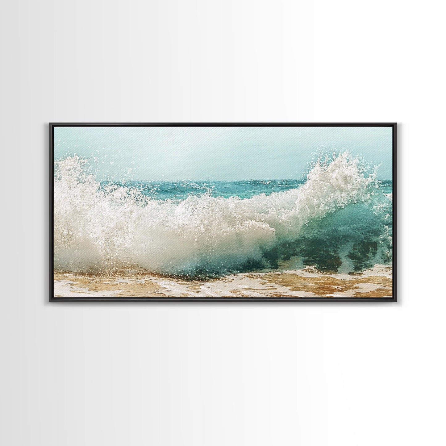 Meereswelle, Strandspritzer, Panoramabild, gerahmter Leinwanddruck, Surf-Wandbild, nautische Dekoration, Küsten-Wandbild, extra breites Bild