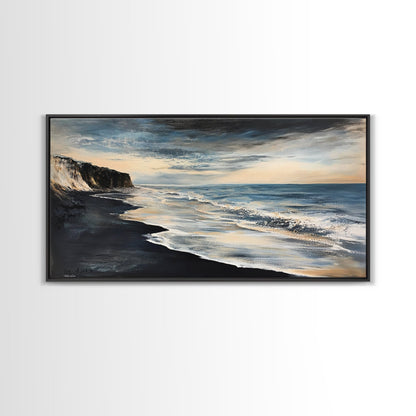 Moody beach, dark ocean, seascape painting, panoramic art, extra wide art, nautical painting, framed canvas print, above sofa art