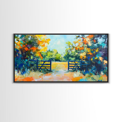Open Gate, countryside painting, landscape art, framed canvas print, autumn wall art, farmhouse decor, rustic art, extra wide art