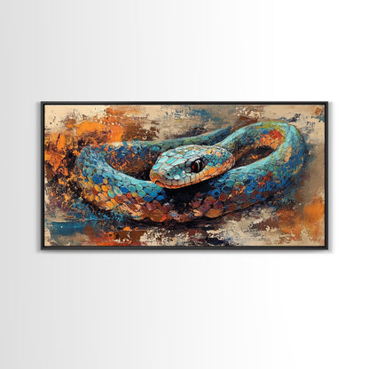 Blue Snake, abstract animal art, framed canvas print, moody art, wildlife painting, bold colors, rustic decor, modern wall art