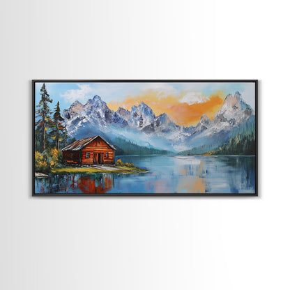 Mountain Cabin, Rustic Art, Lake Tahoe Art, Above Sofa Art, Landscape Painting, Bedroom Art, Framed Canvas Print, Farmhouse Art