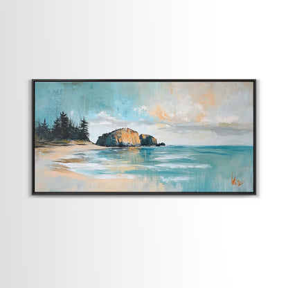 Ruhige Strandlandschaft, gerahmter Leinwanddruck, Küstenmalerei, Seestück, extra breites Kunstwerk, maritime Wandkunst, Schlafzimmerkunst