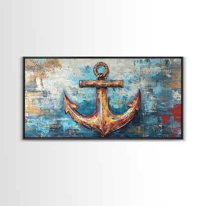 Nautischer Anker, Küstendeko, Rustikale Wandkunst, Extra breites Bild, Nautische Wandkunst, Horizontale Wandkunst, Gerahmter Leinwanddruck, Wohnzimmerkunst