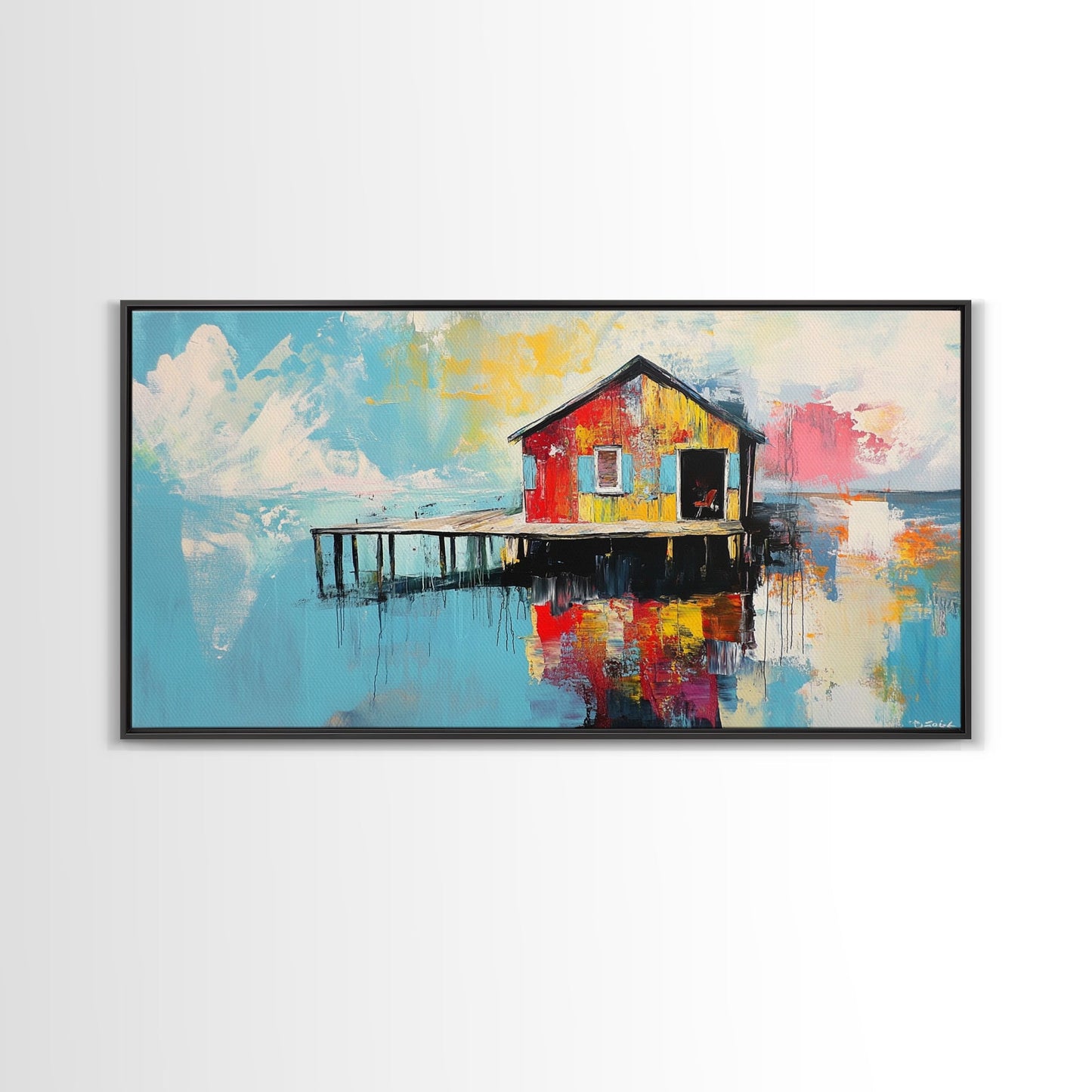 Colorful boathouse, lake reflection, coastal decor, seascape painting, nautical wall art, framed canvas print, extra wide art, gift idea
