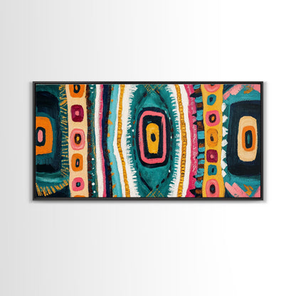 Geometric Abstract, bold colors, sacred geometry art, tribal design, vibrant patterns, extra wide art, Framed Canvas Print, boho art