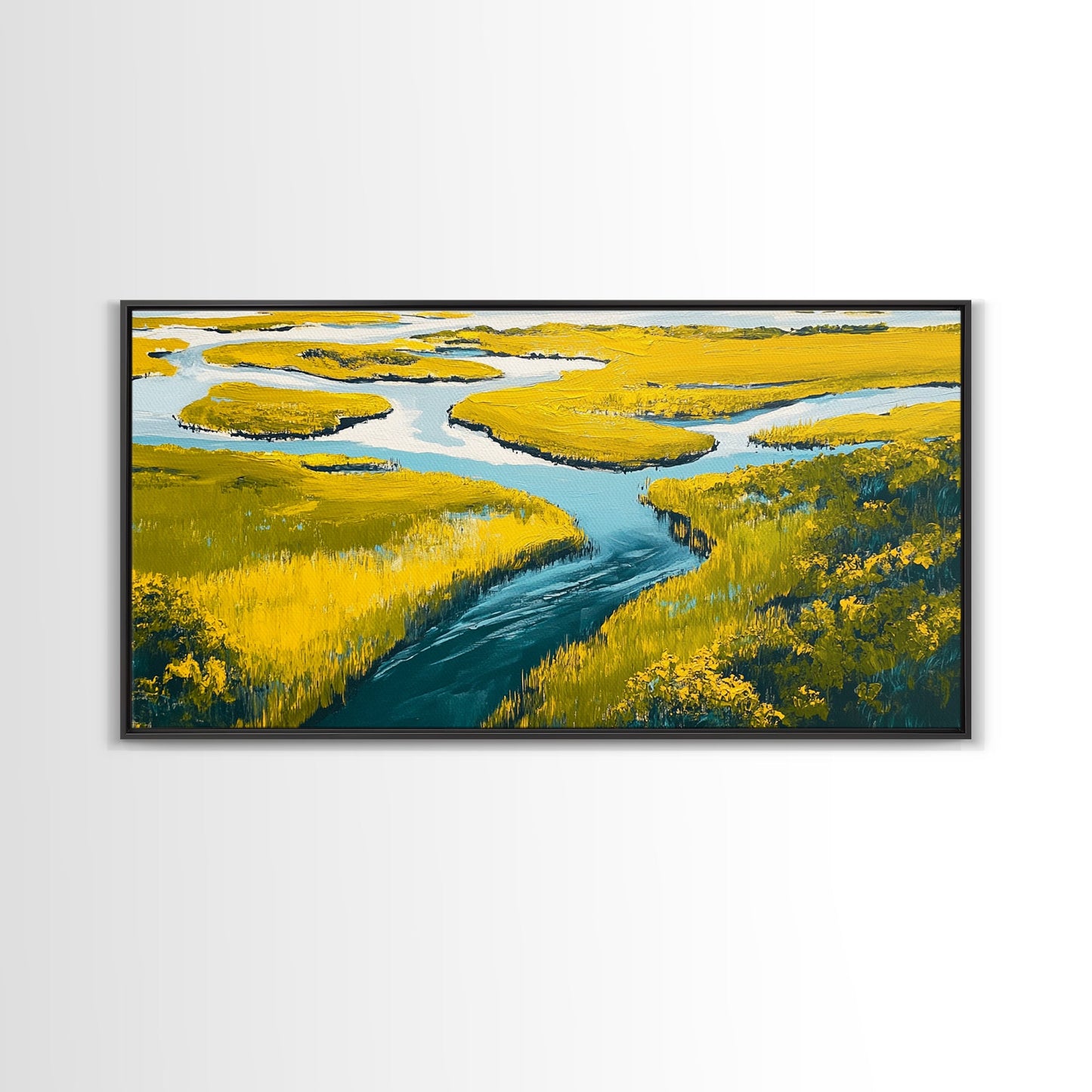 Marshland Landscape, marsh painting, landscape painting, above sofa art, extra wide art, panoramic art, Framed Canvas Print