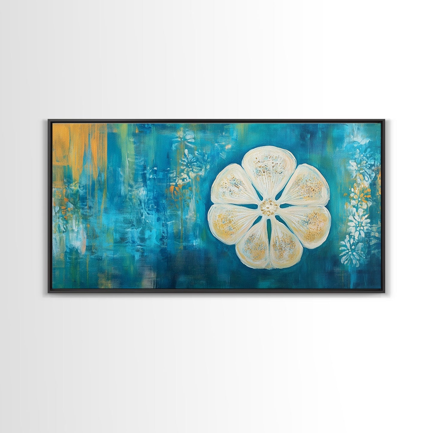 Abstrakte Blumenmotive, botanische Drucke, Küstenlandschaftskunst, Wabi-Sabi-Kunst, gerahmter Leinwanddruck, extrabreite Kunstdrucke, Wandbilder in Blau und Gold