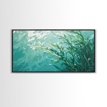 Kunst aus Kelpwäldern, Küstenlandschaften, maritime Wandbilder, gerahmte Leinwanddrucke, vom Meer inspirierte Kunstwerke, Wandbilder in Blau und Grün