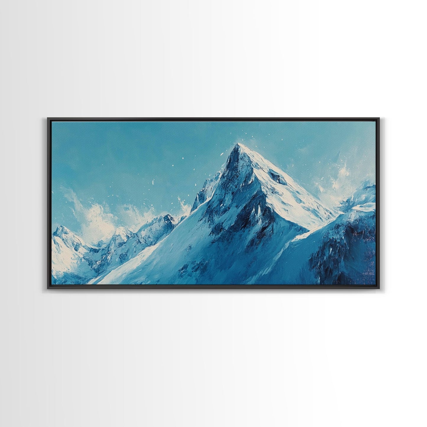 Berglandschaft-Malerei, Blau-Weiß-Kunst, Schneebedeckte Gipfel, Gerahmter Leinwanddruck, Rustikale Dekoration, Minimalistische Kunst, Extra breites Kunstwerk