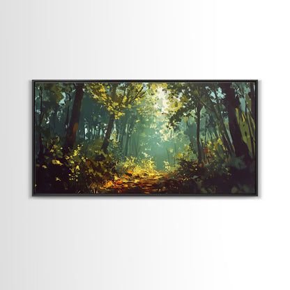 Forest Path, Sunlit Trees, Green Wall Art, Nature Landscape, Panoramic Painting, Rustic Wall Art, Framed Canvas Print