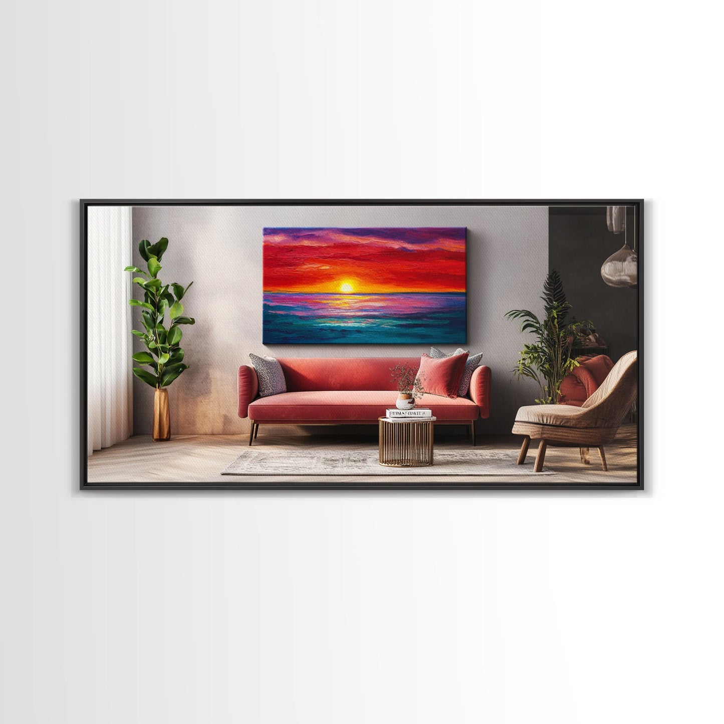 Rote Couch, Sonnenuntergangsgemälde, Kunst für über dem Sofa, Küstenwandkunst, Stranddeko, Panoramabild, gerahmter Leinwanddruck, Wohnzimmerkunst