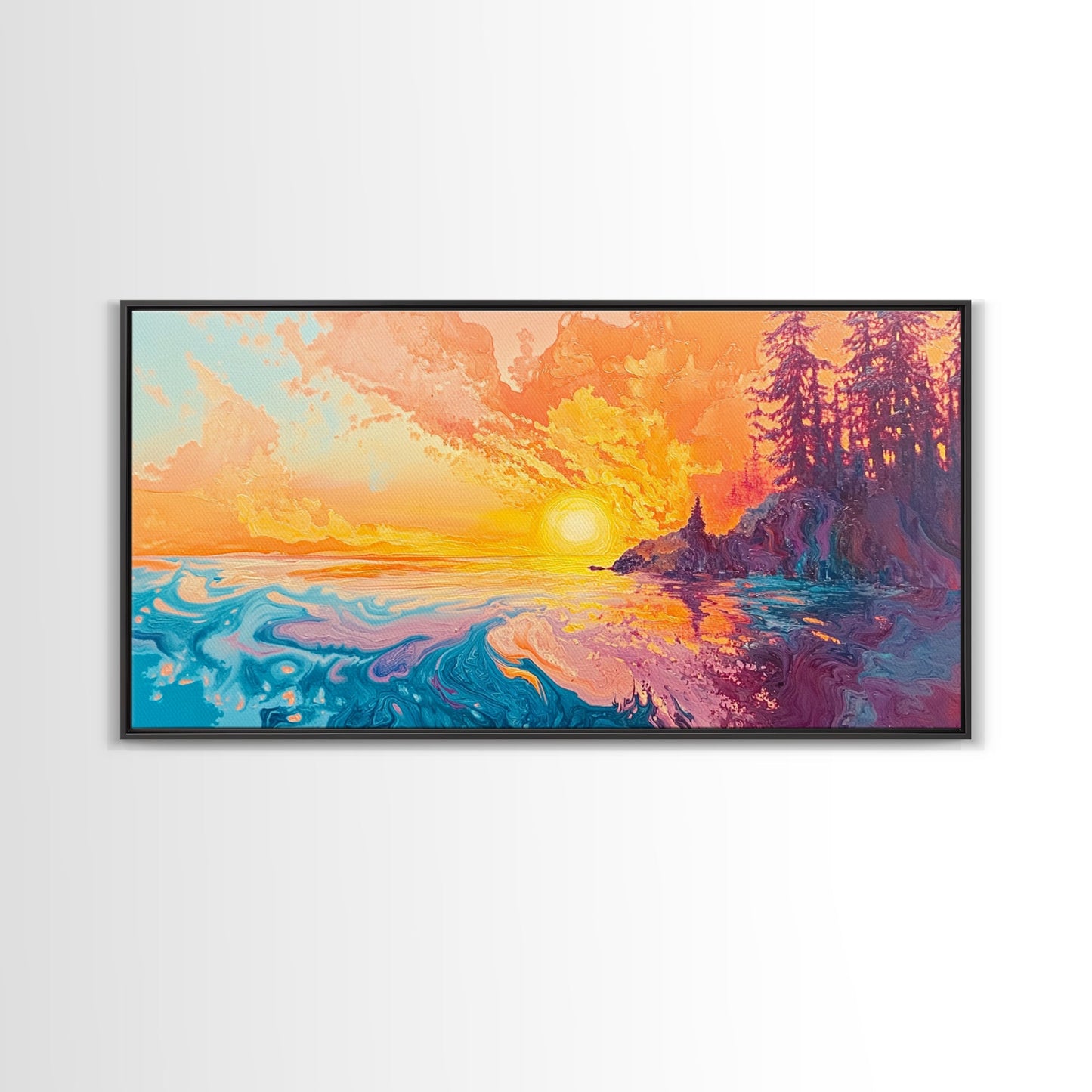 Feuriger Sonnenuntergang, Stimmungsvolle Kunst, Kunst vom Lake Tahoe, Farbenfrohe Landschaft, Wandkunst aus dem Südwesten, Panoramagemälde, Gerahmter Leinwanddruck, Naturkunst