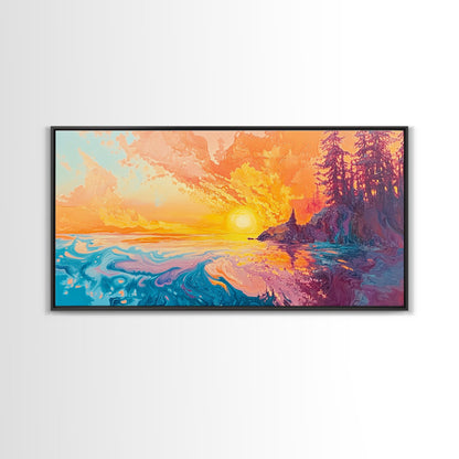 Feuriger Sonnenuntergang, Stimmungsvolle Kunst, Kunst vom Lake Tahoe, Farbenfrohe Landschaft, Wandkunst aus dem Südwesten, Panoramagemälde, Gerahmter Leinwanddruck, Naturkunst