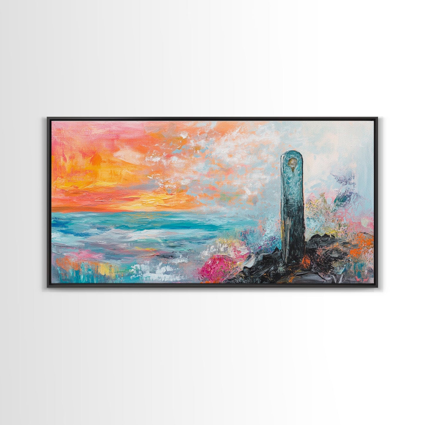 Sunset Over Ocean, pink orange wall art, coastal wall art, abstract seascape, vibrant landscape painting, Framed Canvas Print