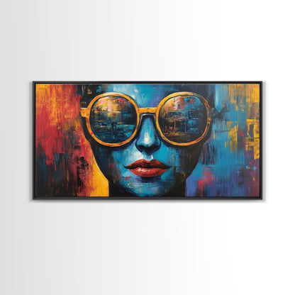 Bold Sunglasses Portrait, graffiti wall art, moody art, chicano art, abstract portrait, pop art decor, gift idea her, Canvas Print