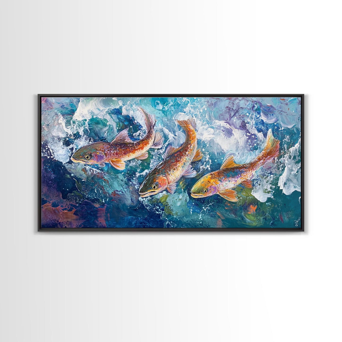 Koi-Fisch-Gemälde, gerahmter Leinwanddruck, Kunst zum Fliegenfischen, Forellenkunst, extra breites Gemälde, farbenfrohes Fischgemälde, Panoramabild