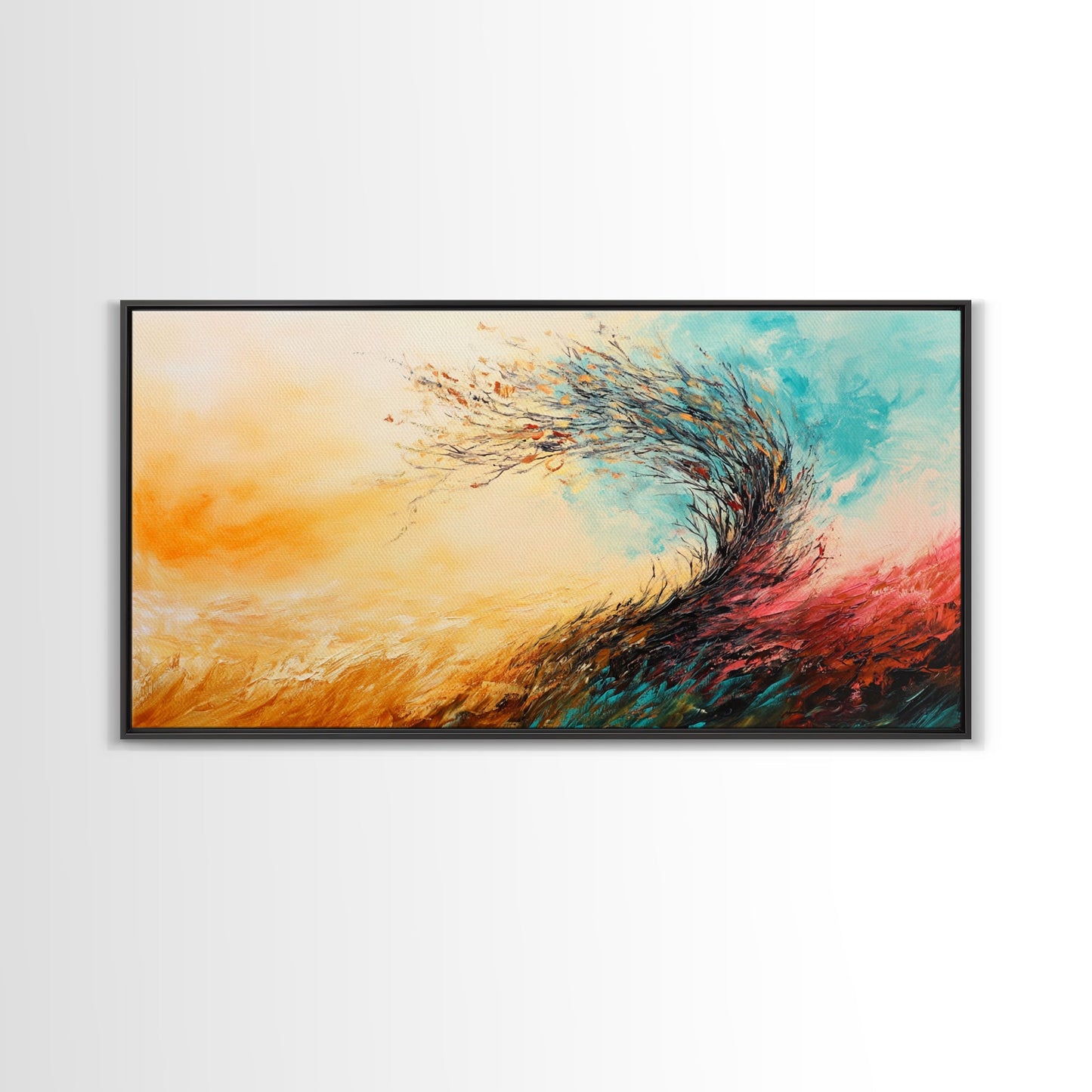 Windiger Herbst, gerahmter Leinwanddruck, Herbstwandbild, abstrakte Landschaft, extra breites Gemälde, Panoramabild, Herbstdekoration