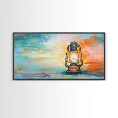 Lantern painting, rustic decor, farmhouse art, boho art, wabi sabi art, warm glow, extra wide art, framed canvas print, moody art