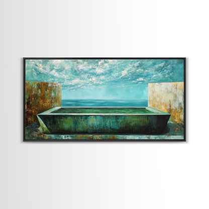 Infinity-Pool, Leinwanddruck, moderne Landschaftskunst, minimalistisches Dekor, extra breites Gemälde, blau-grüne Wandkunst, zeitgenössische Kunst