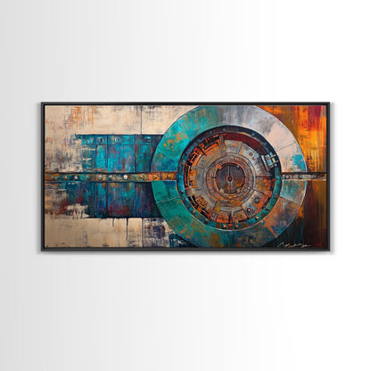 Industrieller Tresorraum, Steampunk-Wandkunst, Mechanische Wandkunst, Extra breite Kunstwerke, Horizontale Wandkunst, Gerahmter Leinwanddruck, Wohnzimmerkunst, Stimmungsvolle Kunst