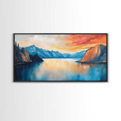 Mountain Lake Painting, Landscape Art, Lake Tahoe Art, Smoky Mountain Art, Rustic Decor, Sunset Wall Art, Extra Wide Art, Framed Canvas Print