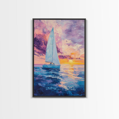 Sailboat Painting, Ocean Sunset Art, Nautical Wall Art, Coastal Landscape, Romantic Seascape, Living Room Art, Canvas Print
