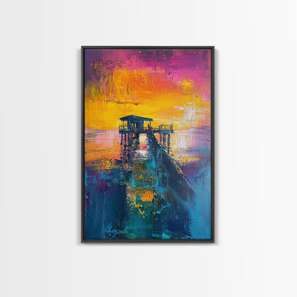 Sunset Pier Painting, Coastal Landscape Art, Vibrant Seascape, Nautical Wall Art, Bold Color Decor, Framed Canvas Print